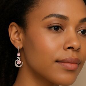 “Celestial Kiss” Pink Crystal Moon & Star Earrings